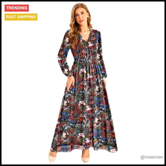 Boho Floral Maxi Dress Long Sleeve V Neck Elegant Formal Casual Wear